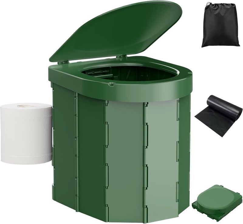 PAHTTO Portable Camping Toilet, Folding Toilet for Adults with Lid and Retractable Toilet Paper Holder, Waterproof Porta Potty with Carry Bag and Disposible Liners for Hiking, RV Travel, Road Trips, Green - Image 1